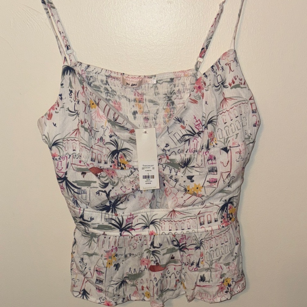 Francesca's Collections White Floral & Palm Print Spaghetti Strap Peplum Top